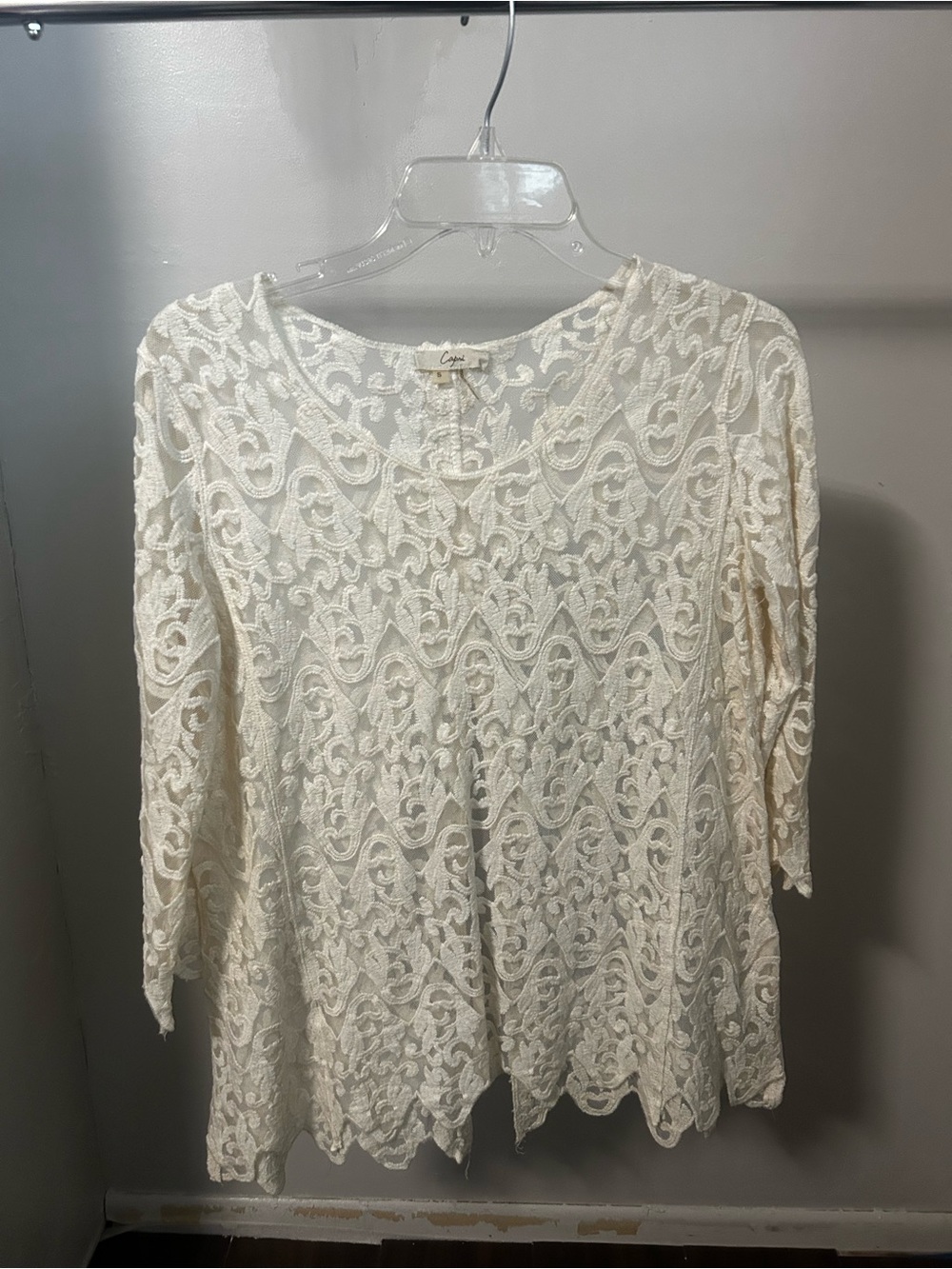 Capri Ivory Lace Blouse Size Small Sheer Embroidered 3/4 Sleeve Boho Top